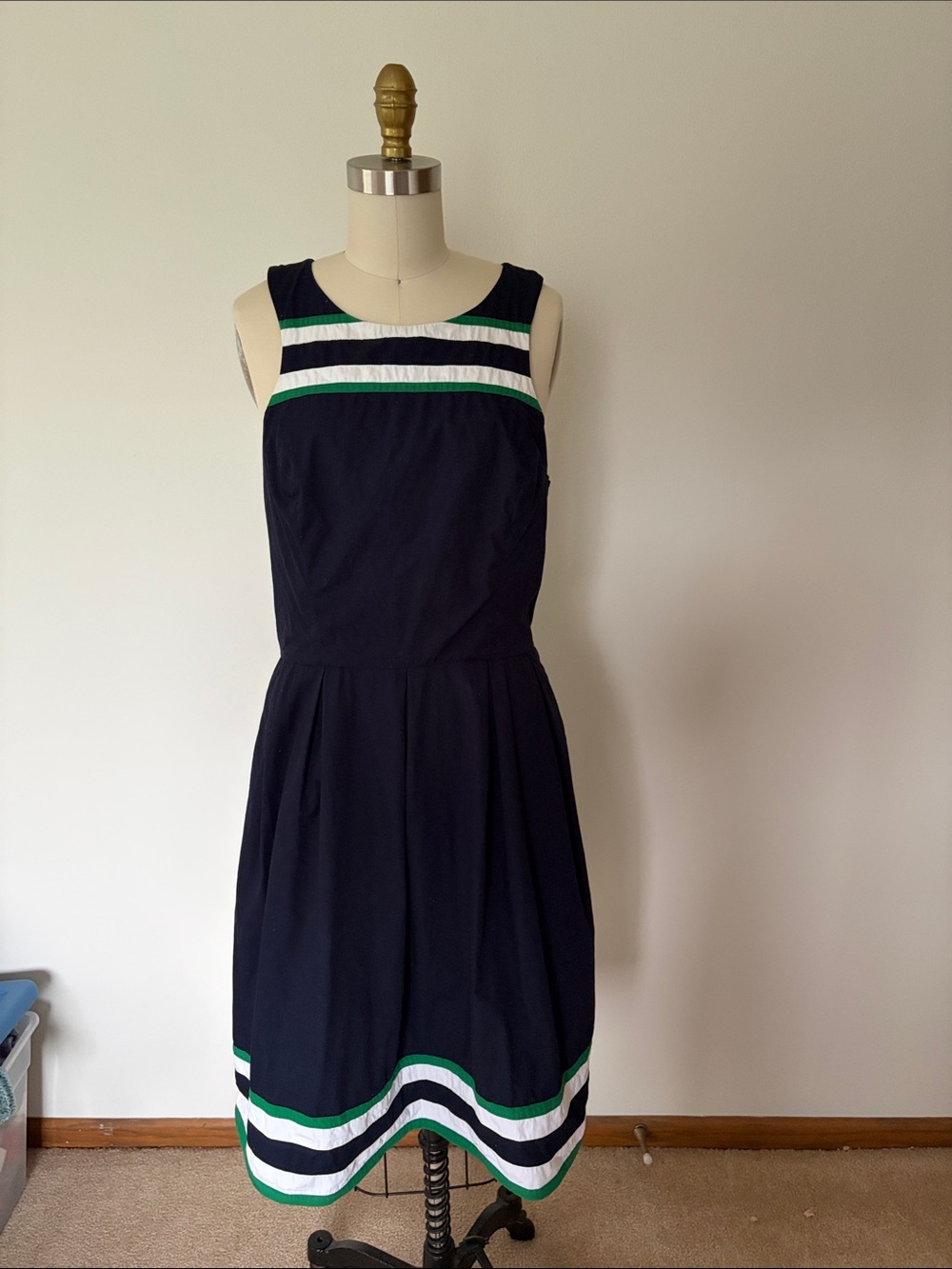 eshakti Navy Sleeveless Midi Dress with Green and White Stripes